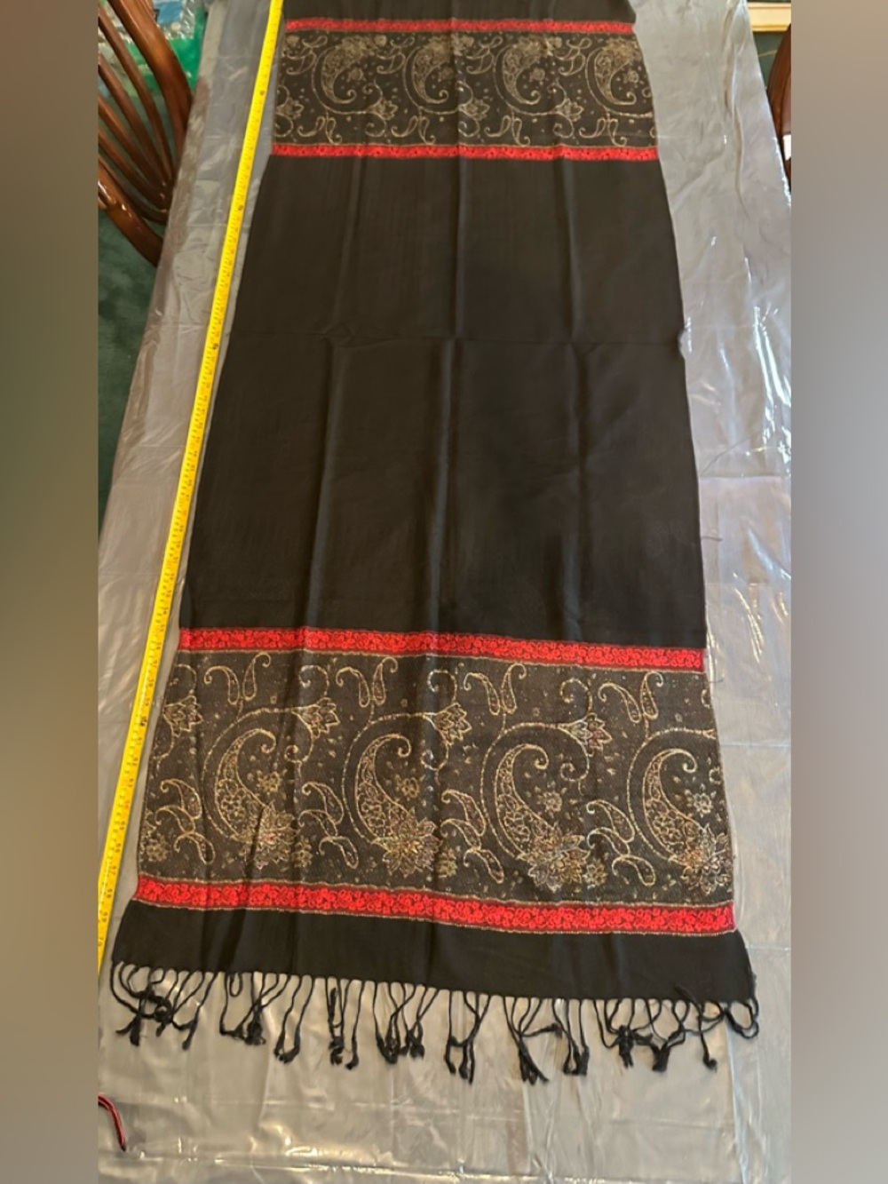 Black polyester Scarf/Pashmina  with Red Paisley Border & fringe